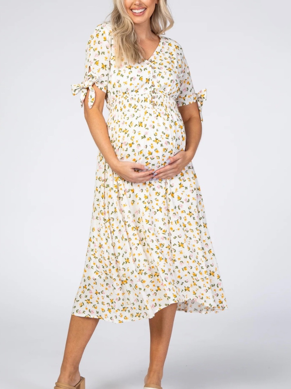 Ivory Floral Tie Sleeve Maternity Midi Dress - M